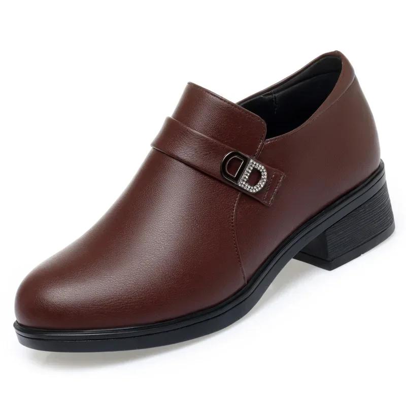 Spring Deep Mouth Block Heels Women Shoes Comfort Fashion Breathable Round Toe Soft Leather Soft Sole Office Black Shoes