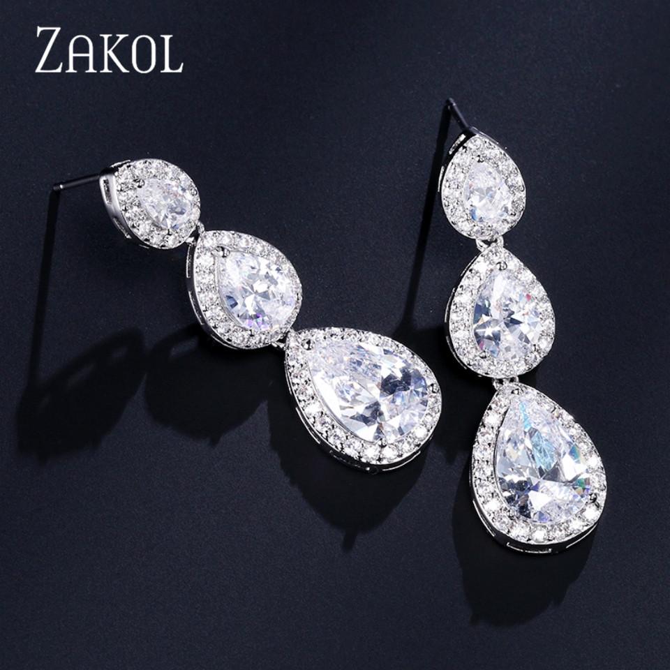 ZAKOL Fashion Water Drop Cubic Zirconia Long Dangle Earrings For Women Bridal Wedding Party Crystal Jewelry EP2208