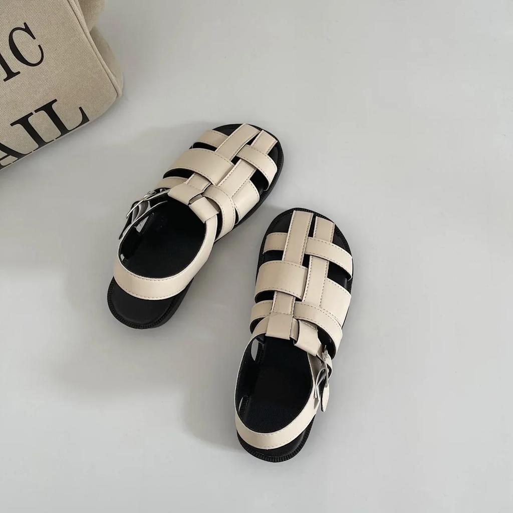 Roman Sandals Female 2024 Summer Retro Flat Bottom Baotou Casual Shoes Hollow Woven Low Heel Sandales Zapatos Para Mujeres