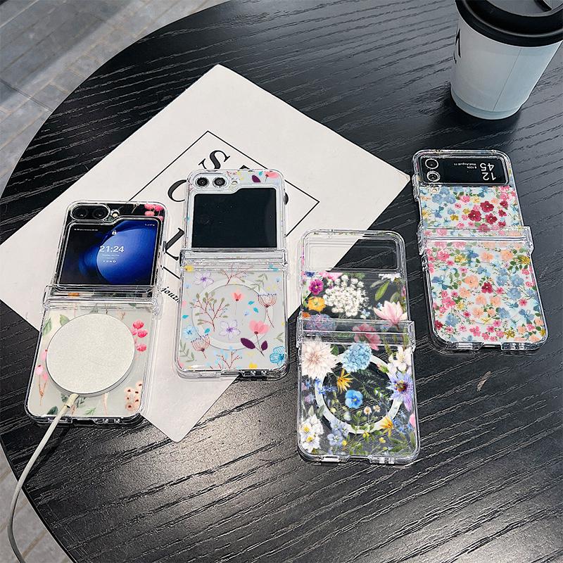 3PCS Foldable Shockproof Case for Samsung Z Flip6 Flip5 Flip4 for Magsafe Magnetic Beautiful Flower Pattern Clear Hard Pc Slim Case Cover