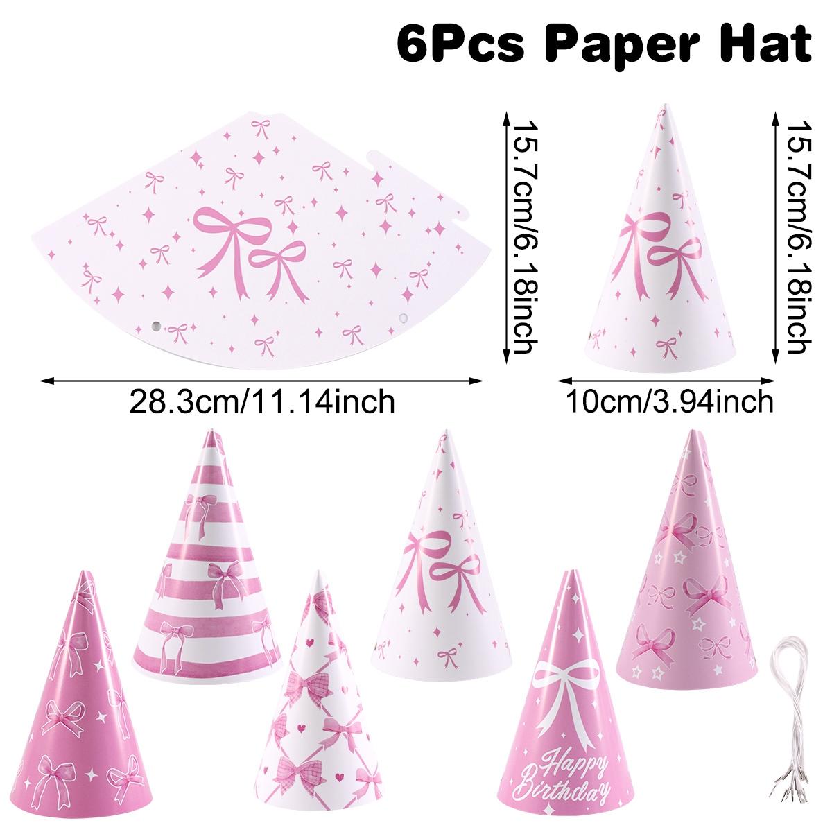 6pcs Pink Bow Party Hat Bowknot Paper Cone Hat with Elastic String for Kids Girls Princess Theme Birthday Party Decorations