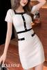 Knit Dress for Short [ToaSoa] Women, Mini, Tight, Sleeved, Spring, Summer, Autumn, Winter, Stylish, Button-Up, Two-Tone (M, White)