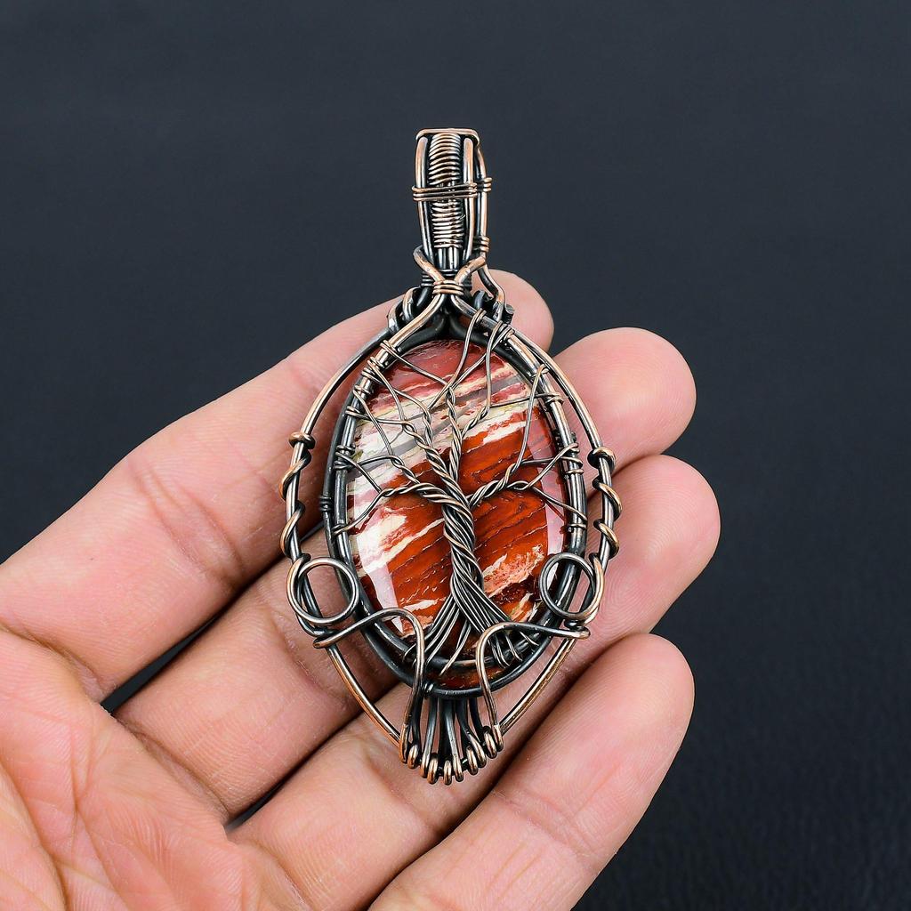 Tree Of Life Red Snake Skin/ Red River Jasper Gemstone Handmade Pure Copper Wire Wrapped Pendant Jewelry
