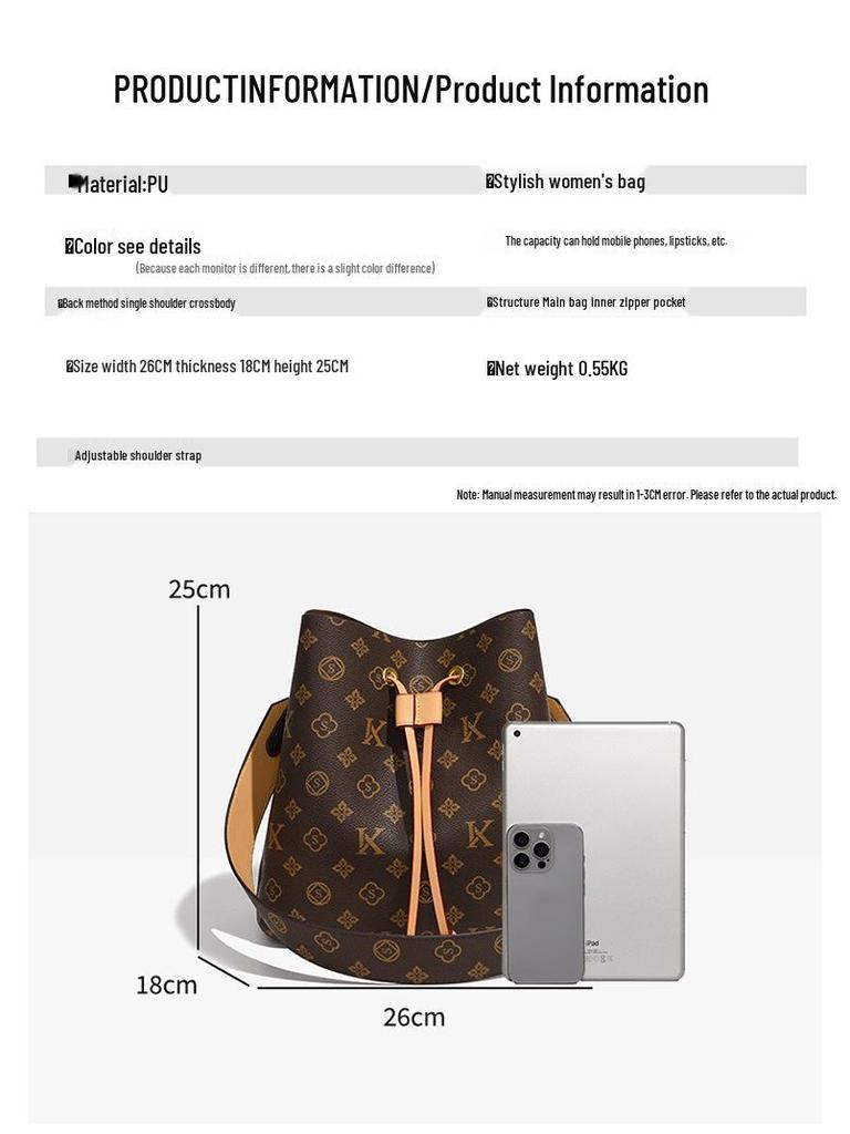 Modna damska torba typu bucket z monogramem - Lato 2025 Torba crossbody i na ramię o dużej pojemności