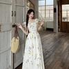 Xiaofei Sleeve Square Neck Floral Dress Children's Autumn New Seaside Holiday Coffee Break French Style