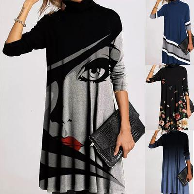 Winter Turtleneck Warm Vintage Print Women Elegant Long Sleeves Patchwork Dresses Female Casual Loose Vestidos