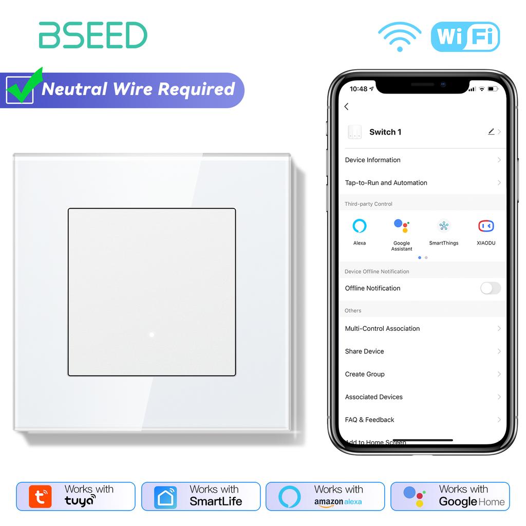 BSEED Wifi Wall Smart Switches 1/2/3/4Gang Mechanical Click Buttons Tuya Smart Life App With EU Power Sockets USB Glass Frames