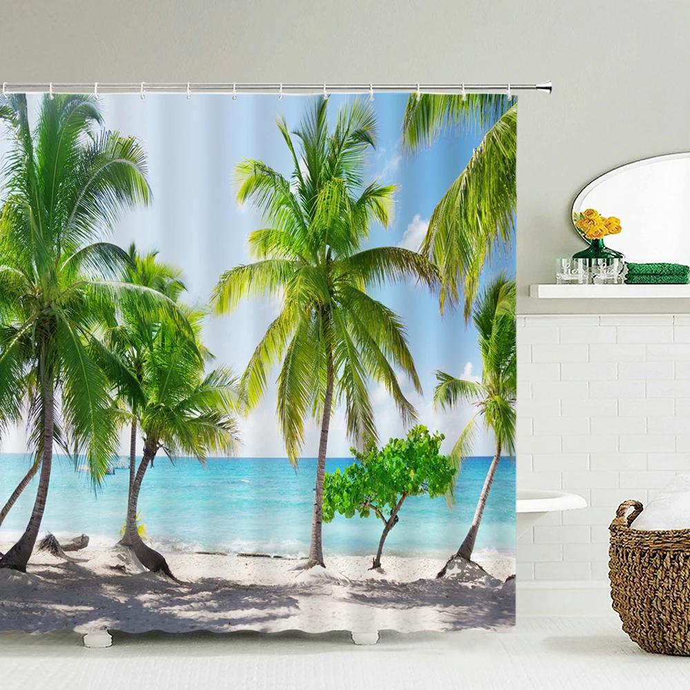 Coastal Scenery Shower Curtain with Hooks    Fresh Seaside Vibe Decor for Bathrooms, Reinforced Eyelets & Easy to Clean