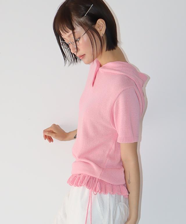 RONRON Button Hooded Frill Half Sleeve Knit Soft Pink