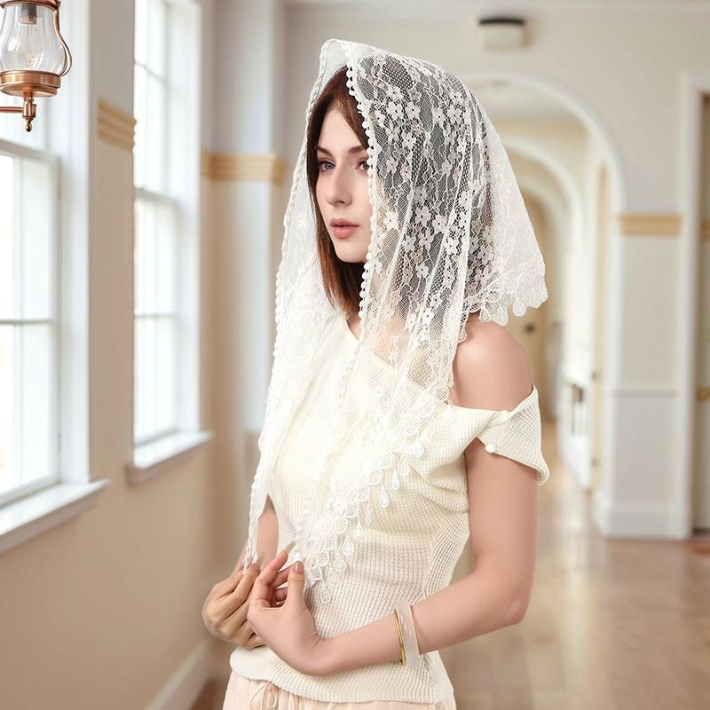 Lace Veils Muslim Head Women Tassel Triangle Scarf for Church Prayer Shawl Embroidered Floral Veils Wedding Triangular Headscarf