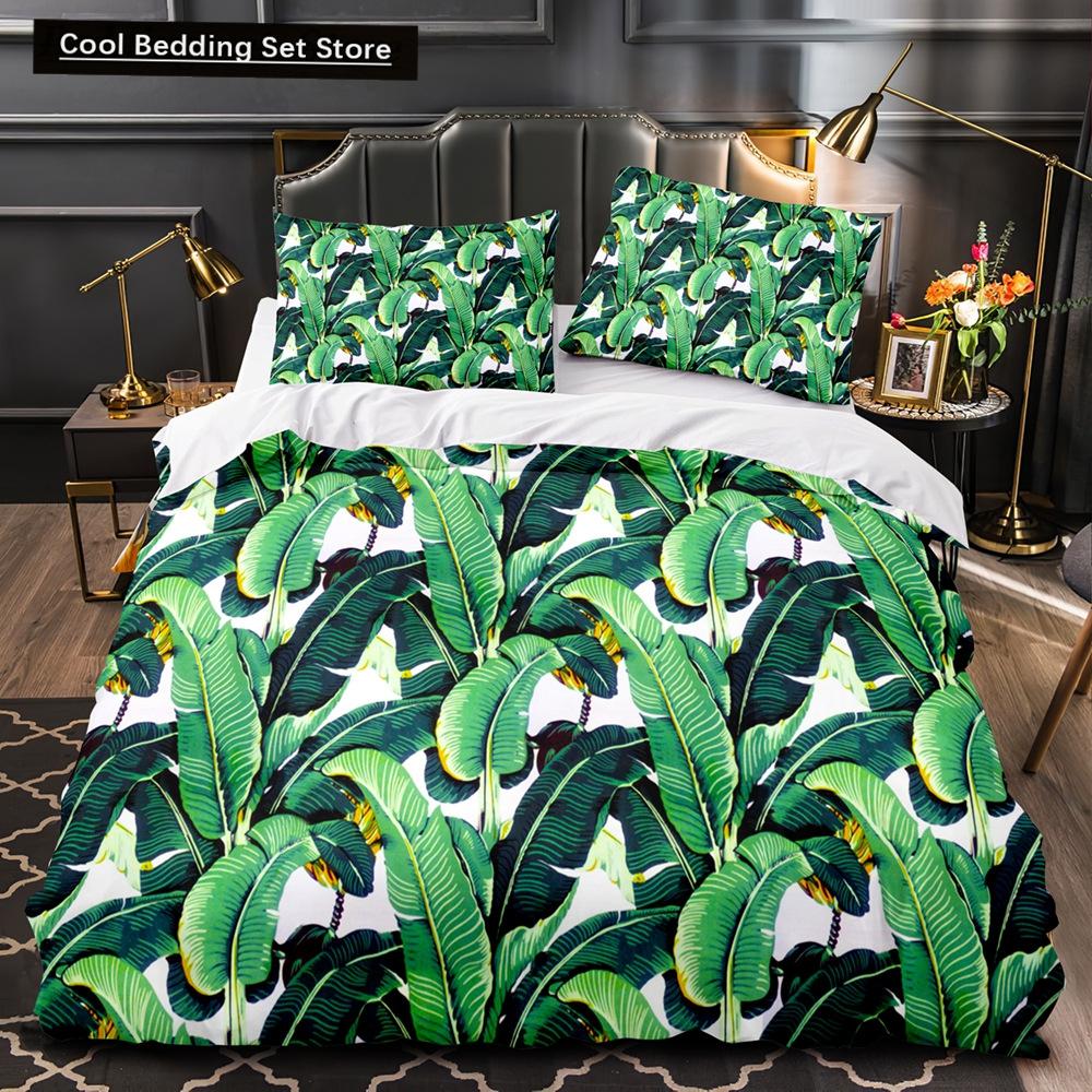 Tropical Plants Floral King Queen Duvet Cover Green Palm Leaves Bedding Set Cream-colored Flowers 2/3pcs Polyester Quilt Cover