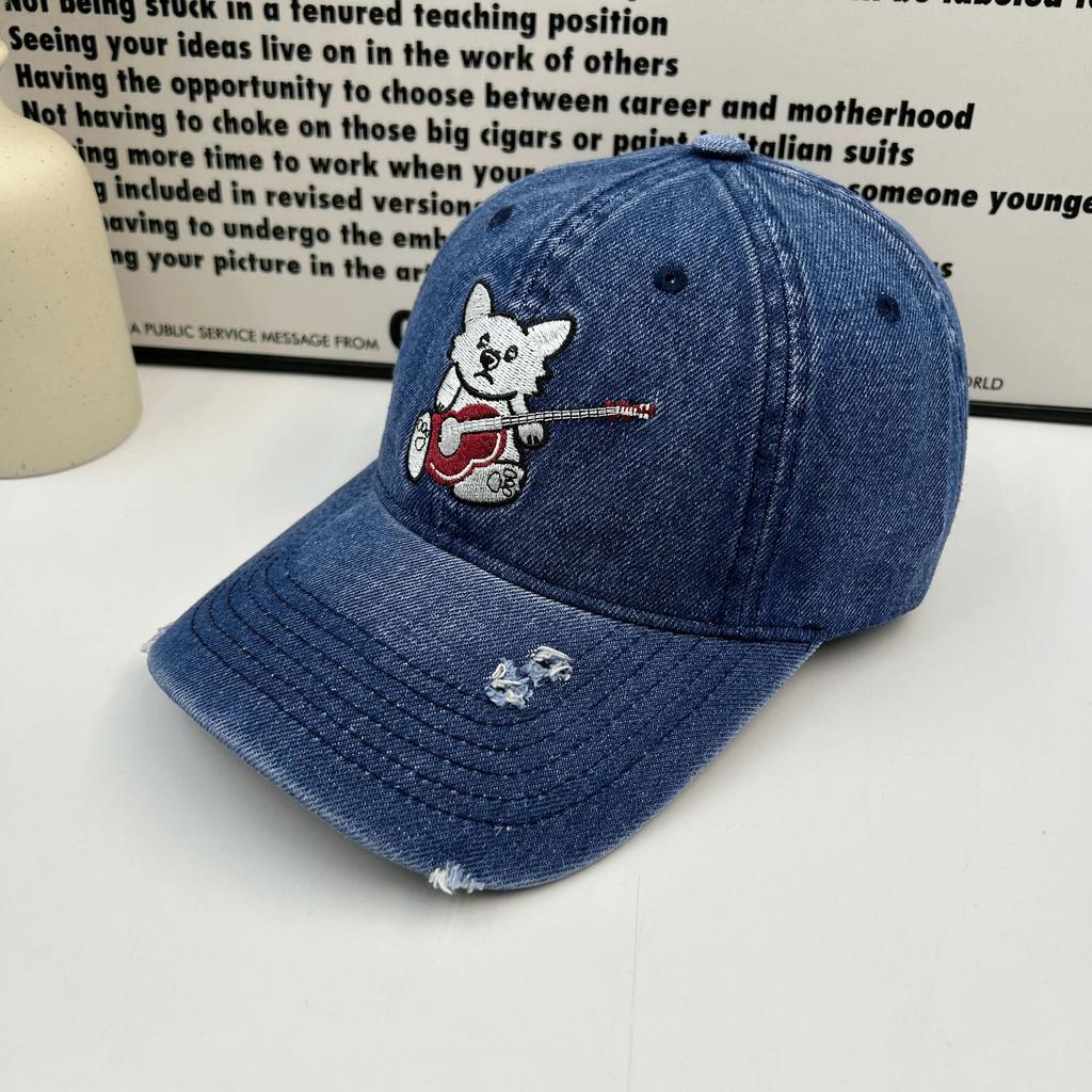 Cute Bear Washed Denim Ripped Baseball Cap Children Spring and Summer Sunshade Showing Face Small Wide Brim Couple Cap