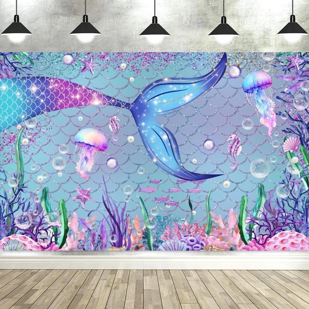 Mermaid Princess Theme Backdrop – Baby Girl'S Birthday Party Decor, Baby Shower Photography Banner & Props Supplies-Tapestry