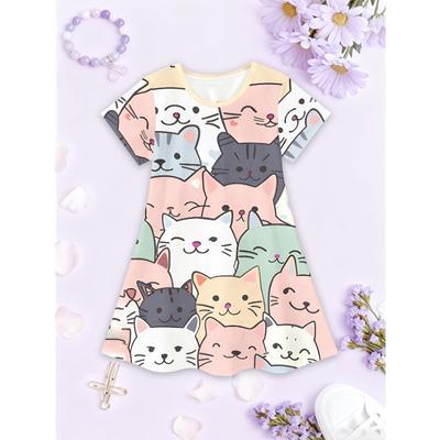 Girls' Summer 3D Cat Print Dress | Short Sleeve Crew Neck Casual, Vintage Fresh, Ideal for Outdoor, Holidays, and Gifts
