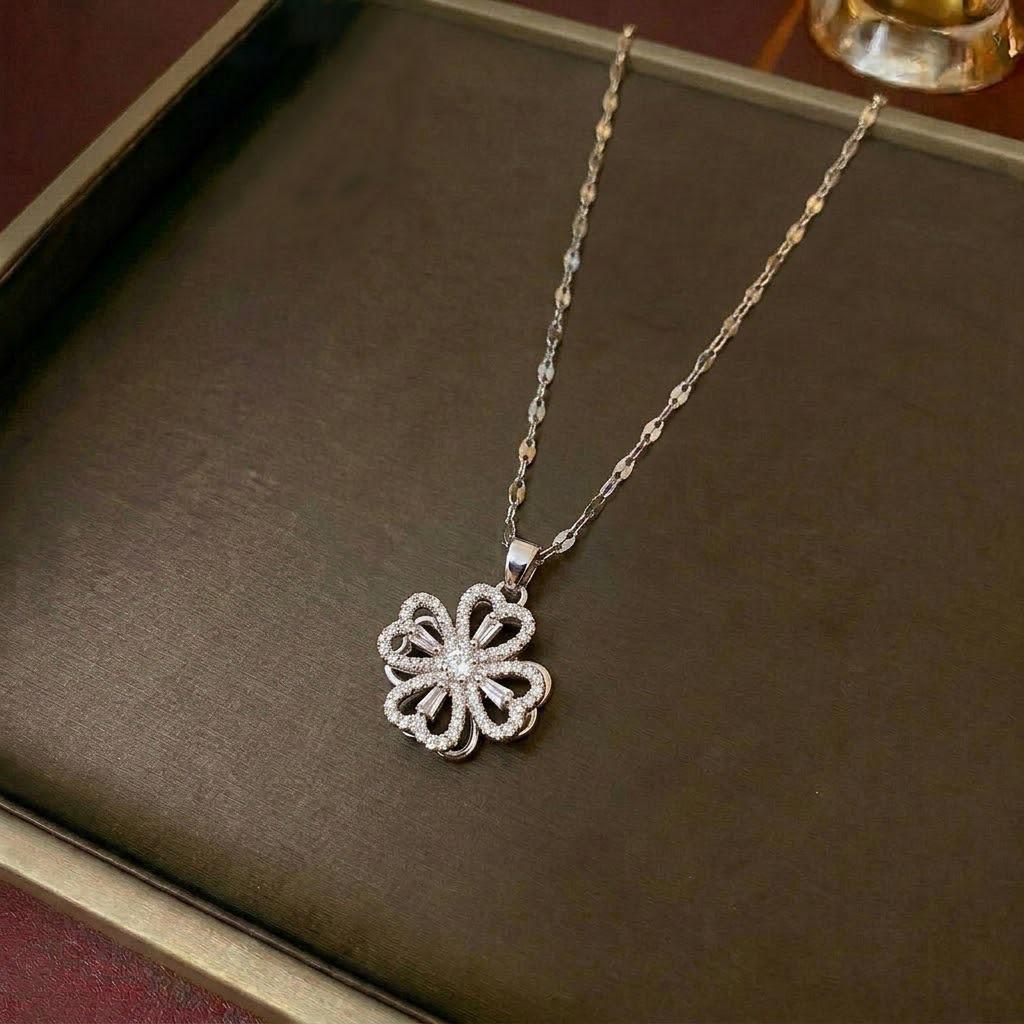 European & American Women's Zircon Flower Necklace & Rotatable Pendant Earrings Set