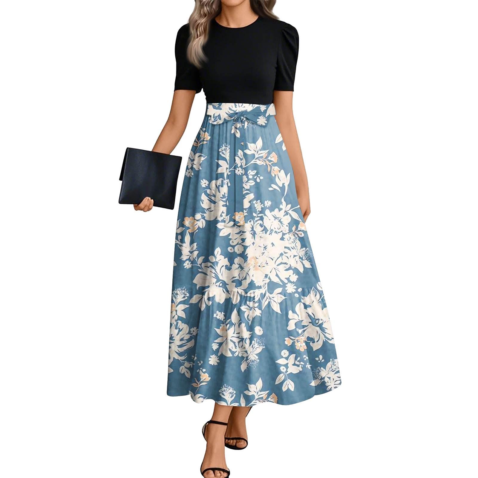 Women s Fashion Casual Belted Round Neck Short Sleeve Floral Patchwork Elegant Dresses XL