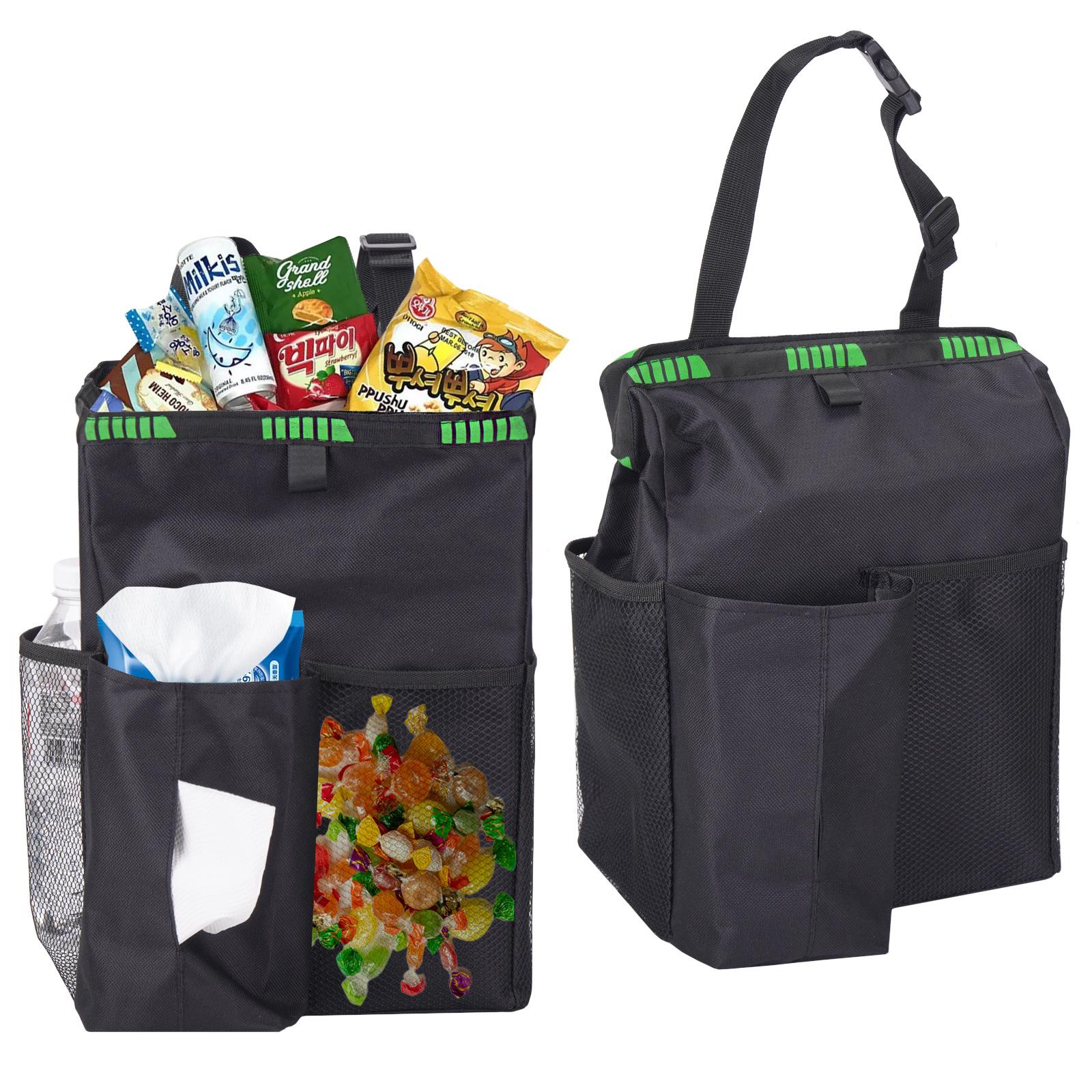 

3.5 Gallon Waterproof Foldable Car Trash Can - Polyester, Leakproof, with Storage Pockets for Auto, Outdoor Camping - Black with Green Accents One Size чёрный