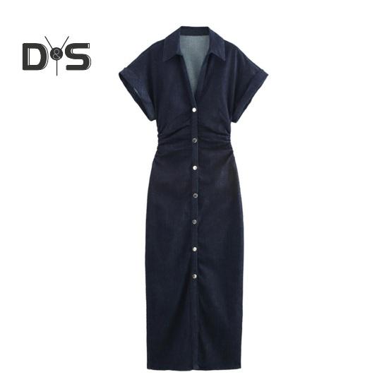 

Женское макси-джинсовое платье с застежкой на пуговицы, коротким рукавом, длинное джинсовое платье с V-образным вырезом и складками на талии, платье-рубашка А-силуэта L