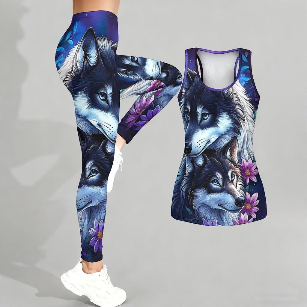 Cunning Wolf Pattern Print Yoga Outfit for Women Fashion Workout Leggings Fitness Sports Casual Yoga Set Sports Suit
