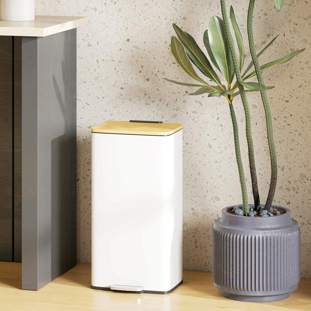 Kitchen Bin, 20 L, Foot-Operated, Bamboo Lid, Removable Inner Bucket, White