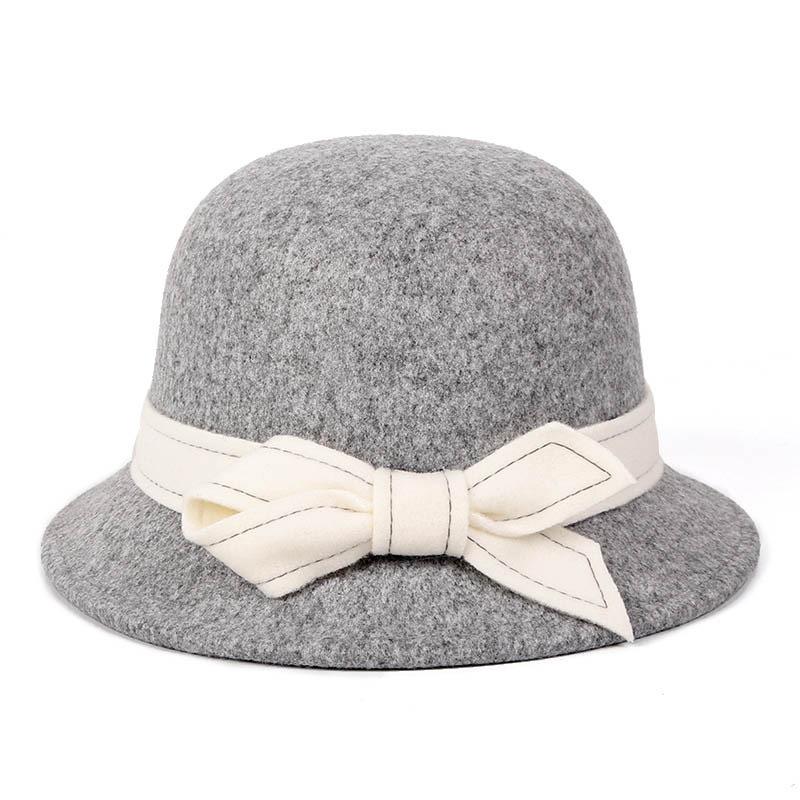 Bowler hat ladies autumn and winter fashion woolen bucket hat elegant celebrity top hat bow basin hat tide