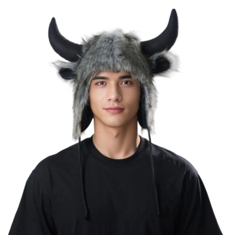 

Animal Costume Hat Bull Horn EarCover Hat Soft Plush Fursuit Cap For Adult Winter Activity Halloween Party Accessory 1