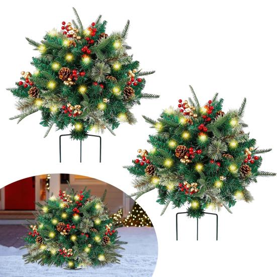 Pre-lit Christmas Tree Urn Filler Battery Operated Artificial Xmas Tree with Cones Berries Holiday Porch Planter Filler with Tripod Stake And LED
