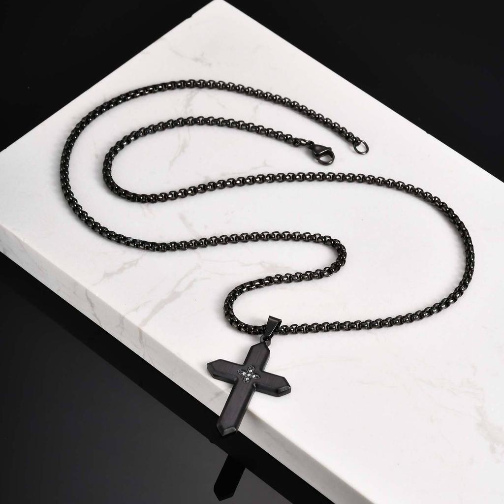 Vnox Stainless Steel 25.7x38.7mm Cross Pendant Necklace with Zircon Stones for Men Women Box Chain Punk Jewelry Gift Anniversary