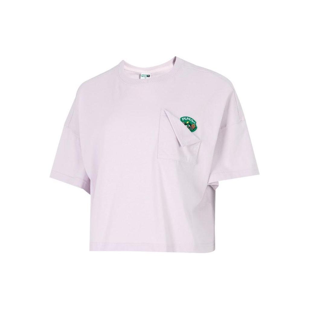 Puma Glamping Ss Crop Tee Ležérní Sportovní Jednobarevné Vyšívané Logo Kulatý Výstřih Krátký Rukáv Tričko Dámské Topy Světle Fialová 536880-17