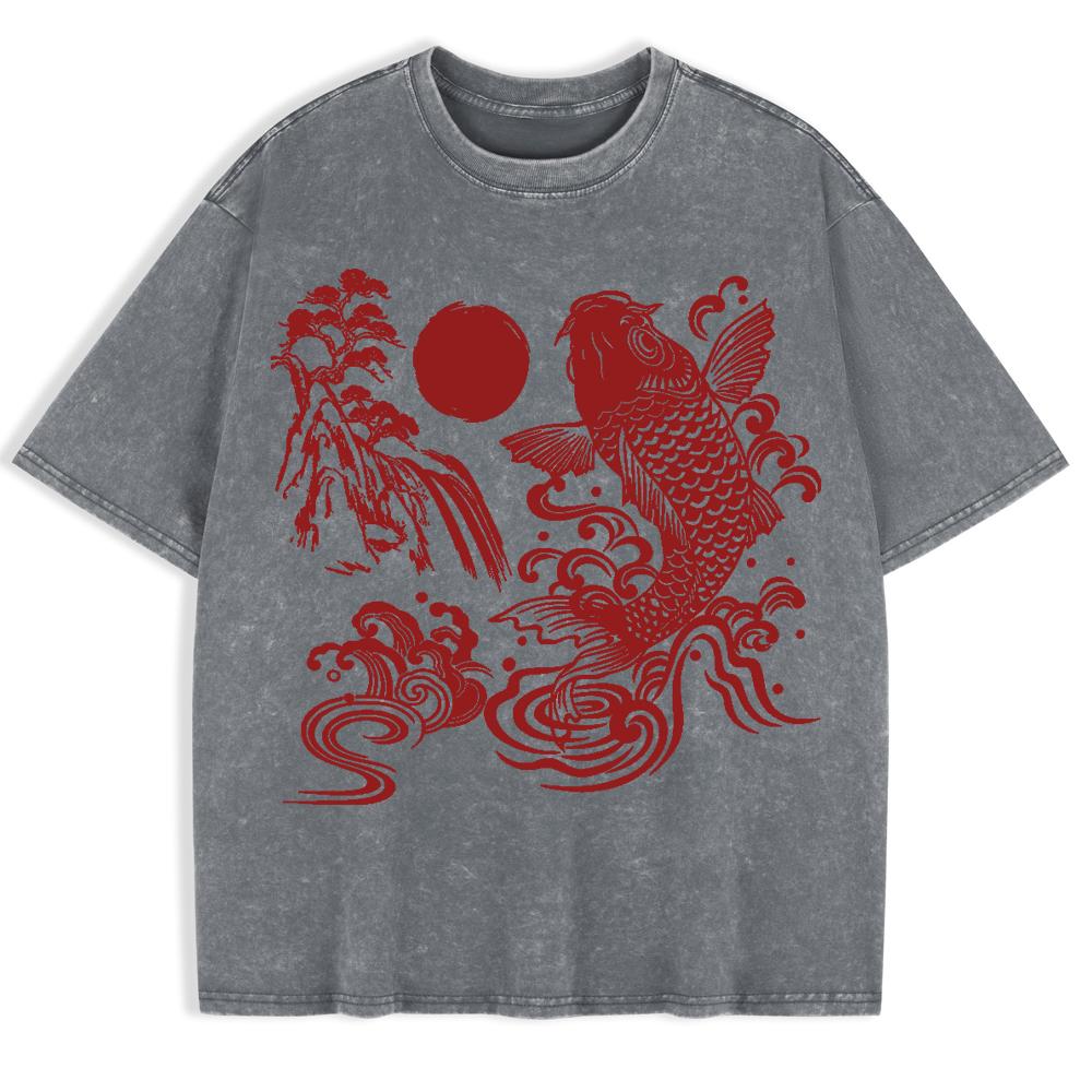Harajuku Japanische Koi-Prints Gewaschene T-Shirts Herren Baumwolle Oversize T-Shirt Sommer Kurzarm Oberteile Freizeitkleidung