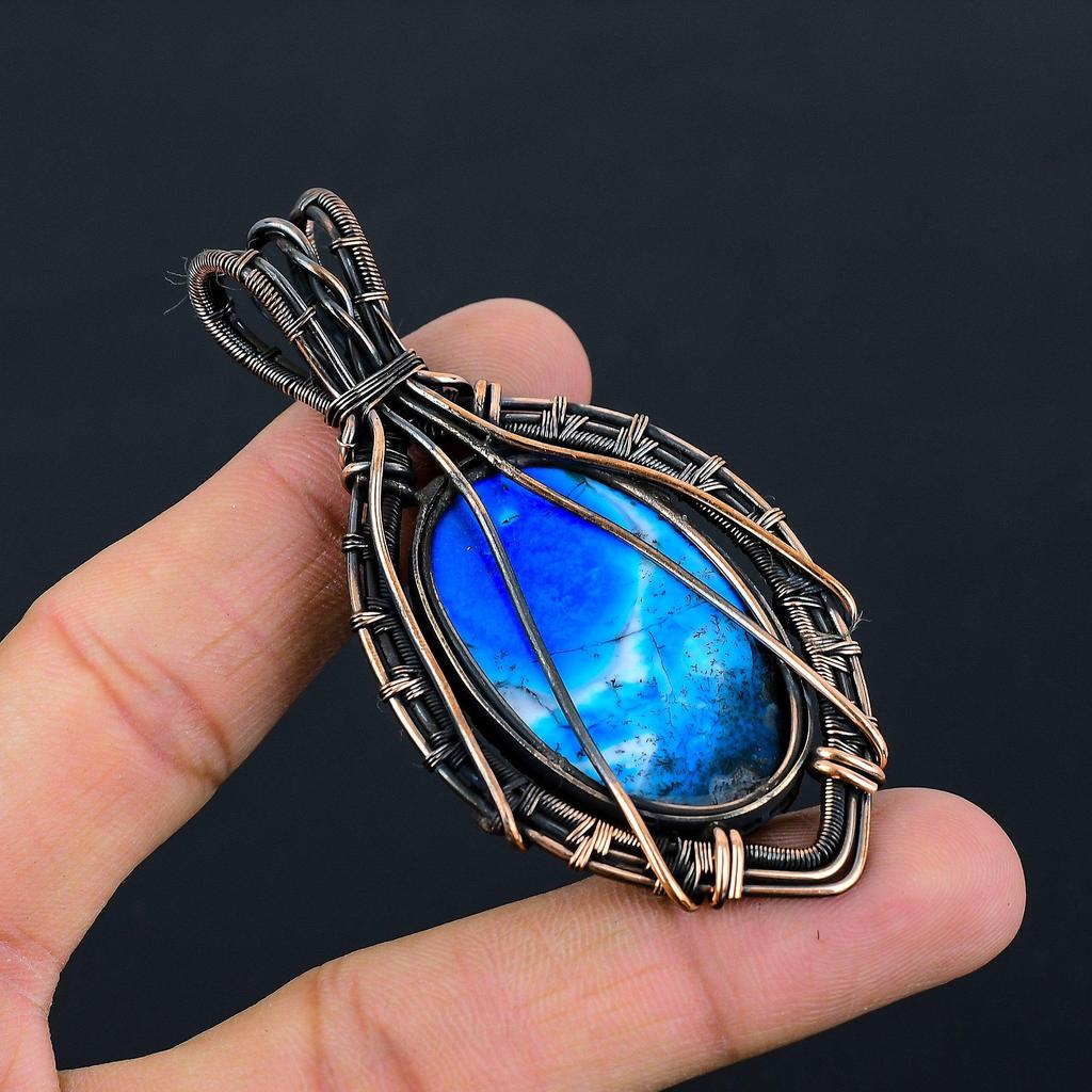 Blue Dendrit Opal Gemstone Pur cupru sârmă înfășurate handmade pandantiv bijuterii