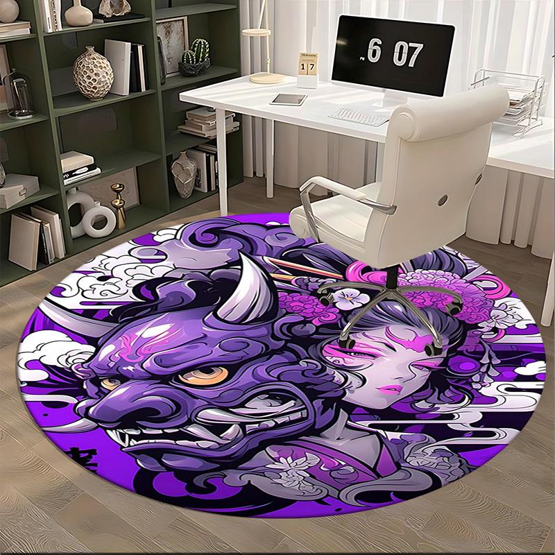 1pc Japanese Demon Mask & Geisha Purple Round Carpet, Office Chair Mat, NonSlip Rug for Home Decor, Seasonal Gift, Suitable for Office