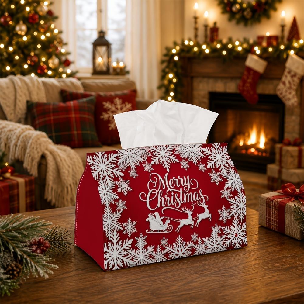 1pc Traditional Winter Festive Tissue Box - Flying Sleigh Snowflake Napkin Storage Box, Suitable for Rolls/Facial Tissues/Single Sheets, Available for
