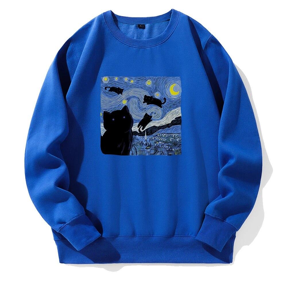 Pictură în ulei Pisică neagră Noapte înstelată Imprimare Glugă Unisex Moda sportivă Noi Hanorace Fleece Hanorac cald Hanorac largi supradimensionat