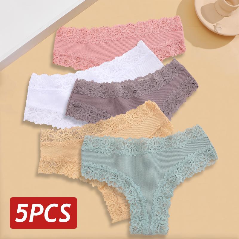 5 STÜCKE/Set Damen Spitze Nahtlose Baumwollslips Sexy Brazilian Hosen Gerippt Atmungsaktiv Mädchen Unterwäsche Weich Übergröße Dessous S-XL