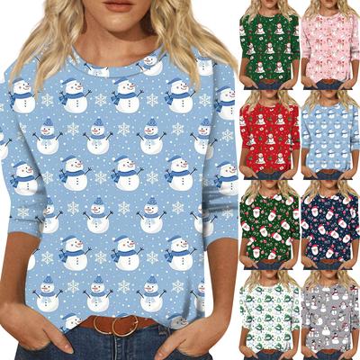 Women's Fashion Casual Round Neck 3/4 Sleeve Loose  Printed T-Shirt Ladies Top