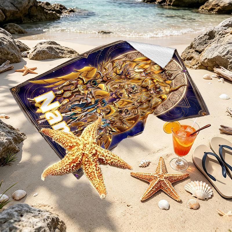 Custom Name Personalized Saint Seiya Print Beach Towel, for Trip Camping Beach Party Home Decor, Birthday Gift for Family & Friends