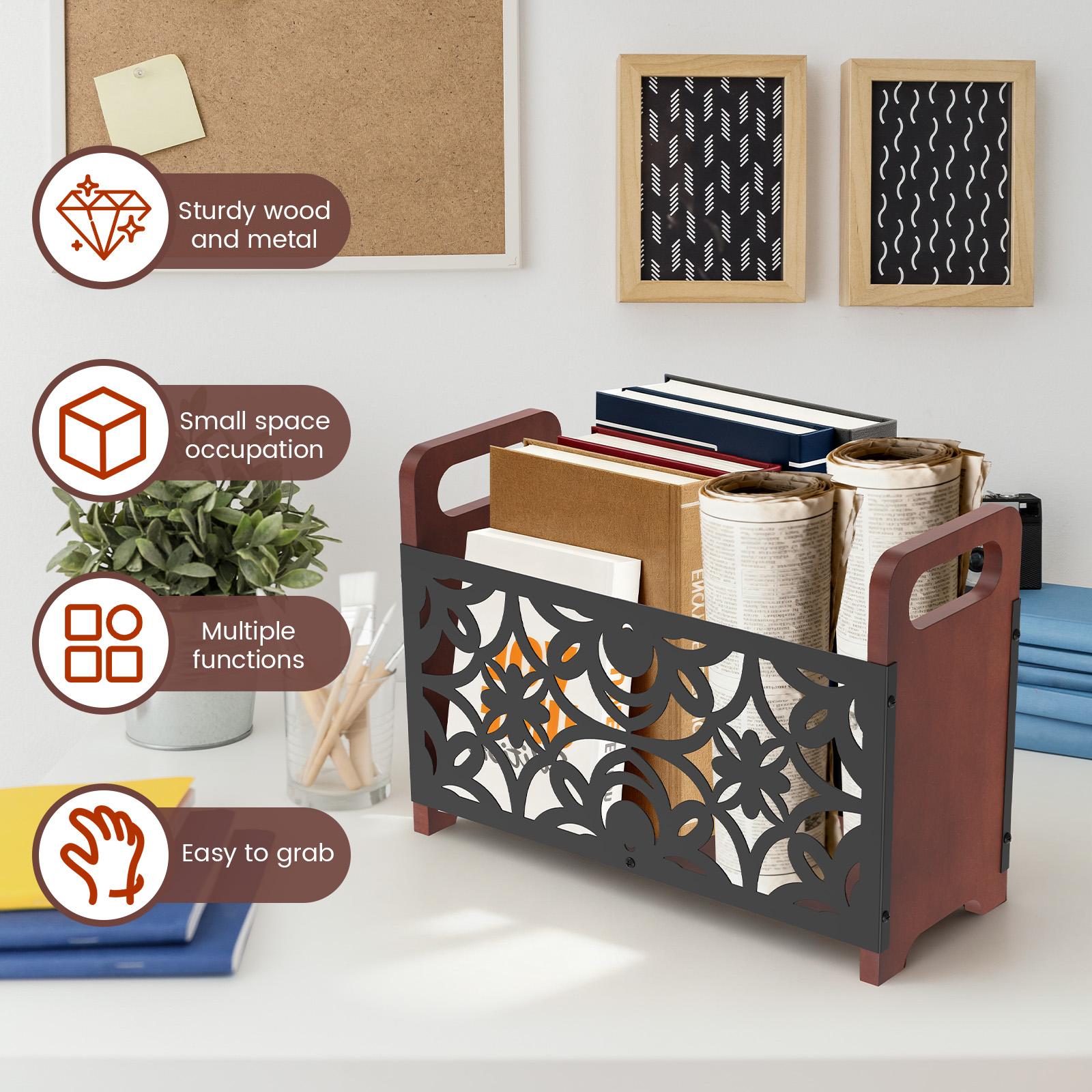 Magazine File Holder Wood Metal Desktop Folder Organizer with Handle Newspaper Storage Basket for Coffee Table Desk Decoration