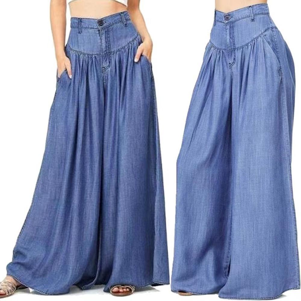 Women's High Waist Pleated Denim Palazzo Pants Wide Leg Jeans with Pockets