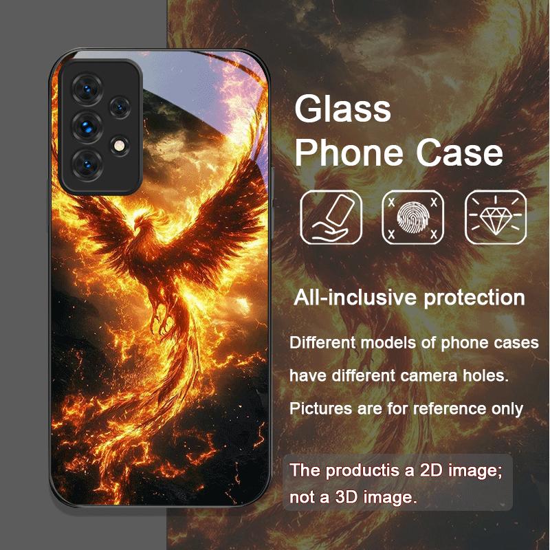 Aesthetic Phoenix Fire Feather Pattern Tempered Glass Phone Case for Samsung Galaxy A56 A55 A54 A53 A52 A36 A14 A31 A51 5G Cover