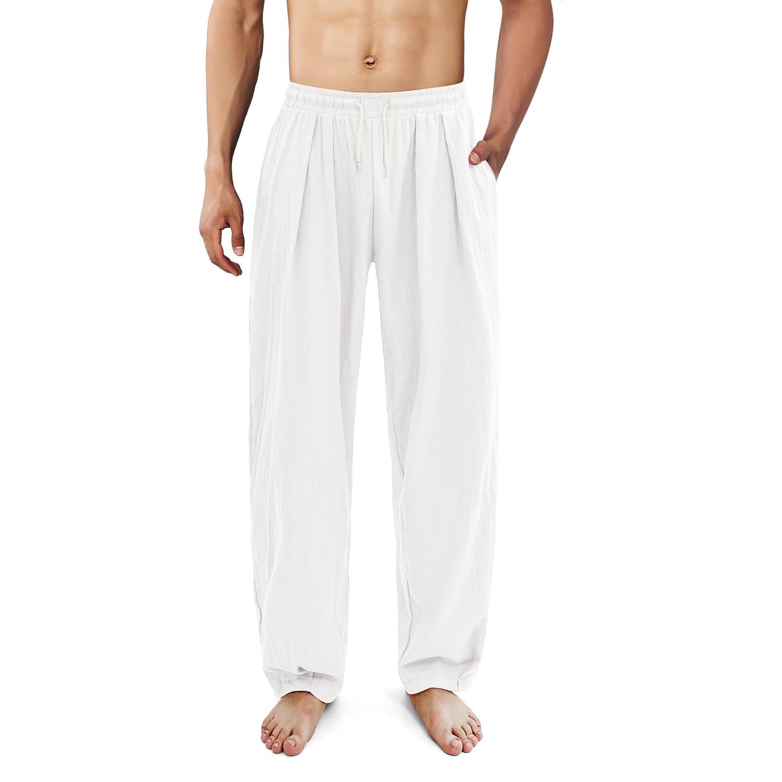 

Мужские брюки из хлопка и конопли Four Seasons, тонкие, дышащие, с карманами, свободные, повседневные, широкие брюки, штаны для йоги белый