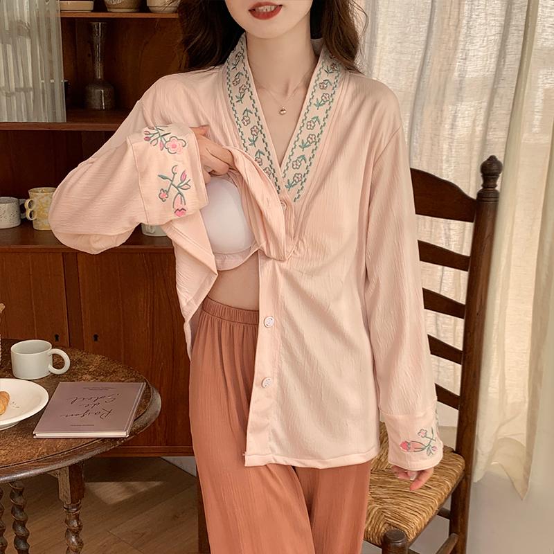 2025 Spring and Autumn Pajamas with Chest Pads Women's Bamboo embroidery Cardigan pyjamas set Simple Temperament Two-piece sleepwear Loungewear Set