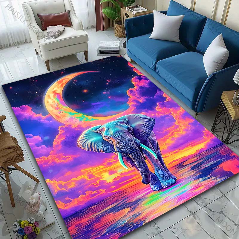 1PC Dreamy elephant under moon Print Carpet Rug for Living Room Bedroom Sofa Doormat Home Decor Non-slip Floor Mat