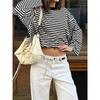 Damen gestreiftes Langarm-T-Shirt locker übergroß Rundhalsausschnitt Freizeit Kontrastfarbe Vintage Basic T-Shirt Top