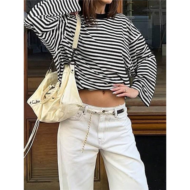 Damen gestreiftes Langarm-T-Shirt locker übergroß Rundhalsausschnitt Freizeit Kontrastfarbe Vintage Basic T-Shirt Top
