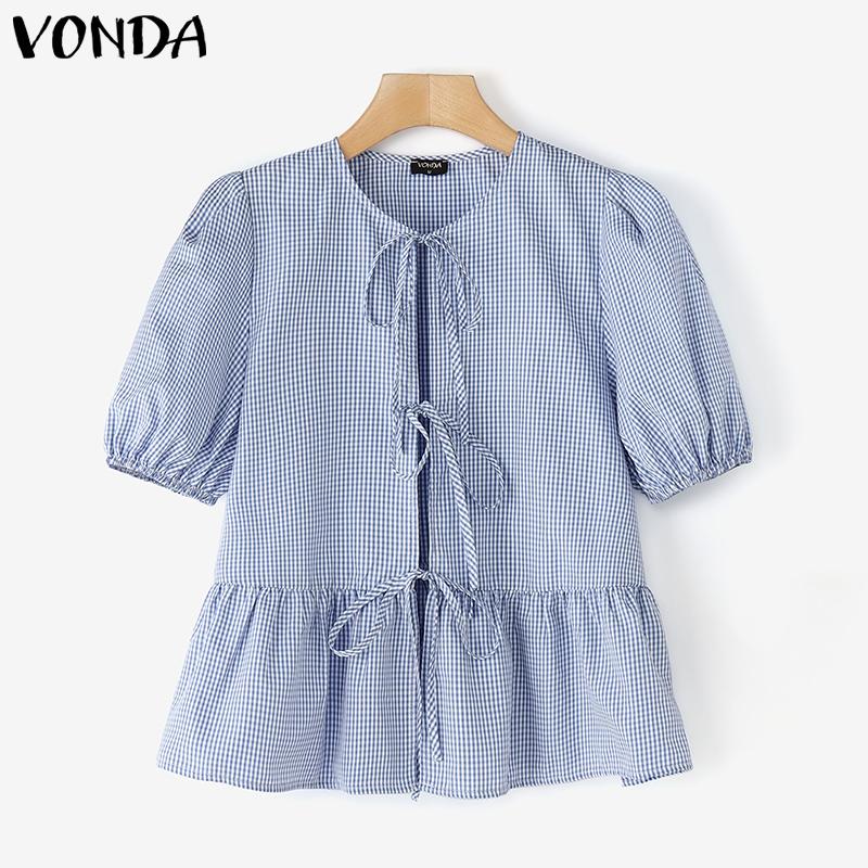 VONDA Women Summer Puff Sleeve Plaid Print Front Bow Knot Ruffled T-shirts Tops