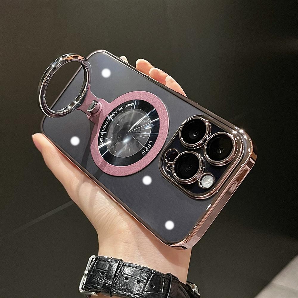 Transparent Plating Metal Ring Bracket Magsafe Mganetic Case for iPhone 15 13 12 14 Pro Max Stand Holder Lens Protection Cover