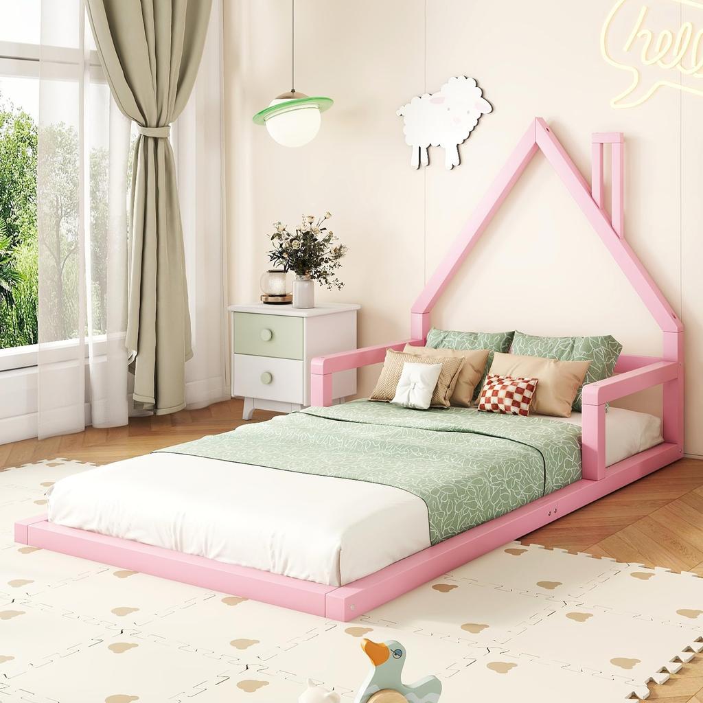 Kinderbett 90x200cm, Lattenrost, Kiefernholz+MDF, Hausform, minimalistisches Styling, Erwachsene/Jugend, Ohne Matratze