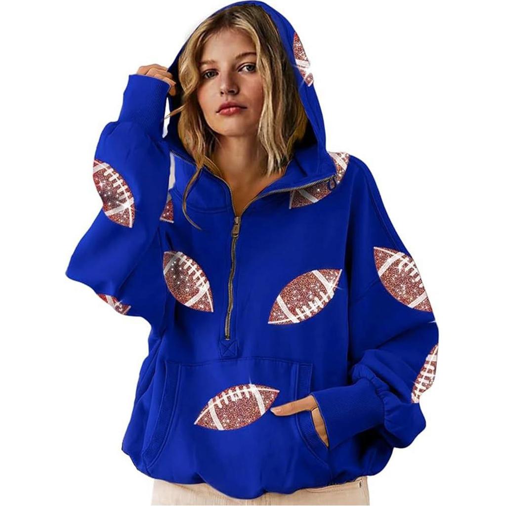 Women's Sports Shirt With Soccer Sequins And Pockets Long Sleeved Half Zip Hooded Top