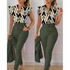 Elegant Women Two Piece Set Suits Fashion Printed Ruffle Sleeve Top Solid Color Pants Set with Belt Blouses Female Clothing